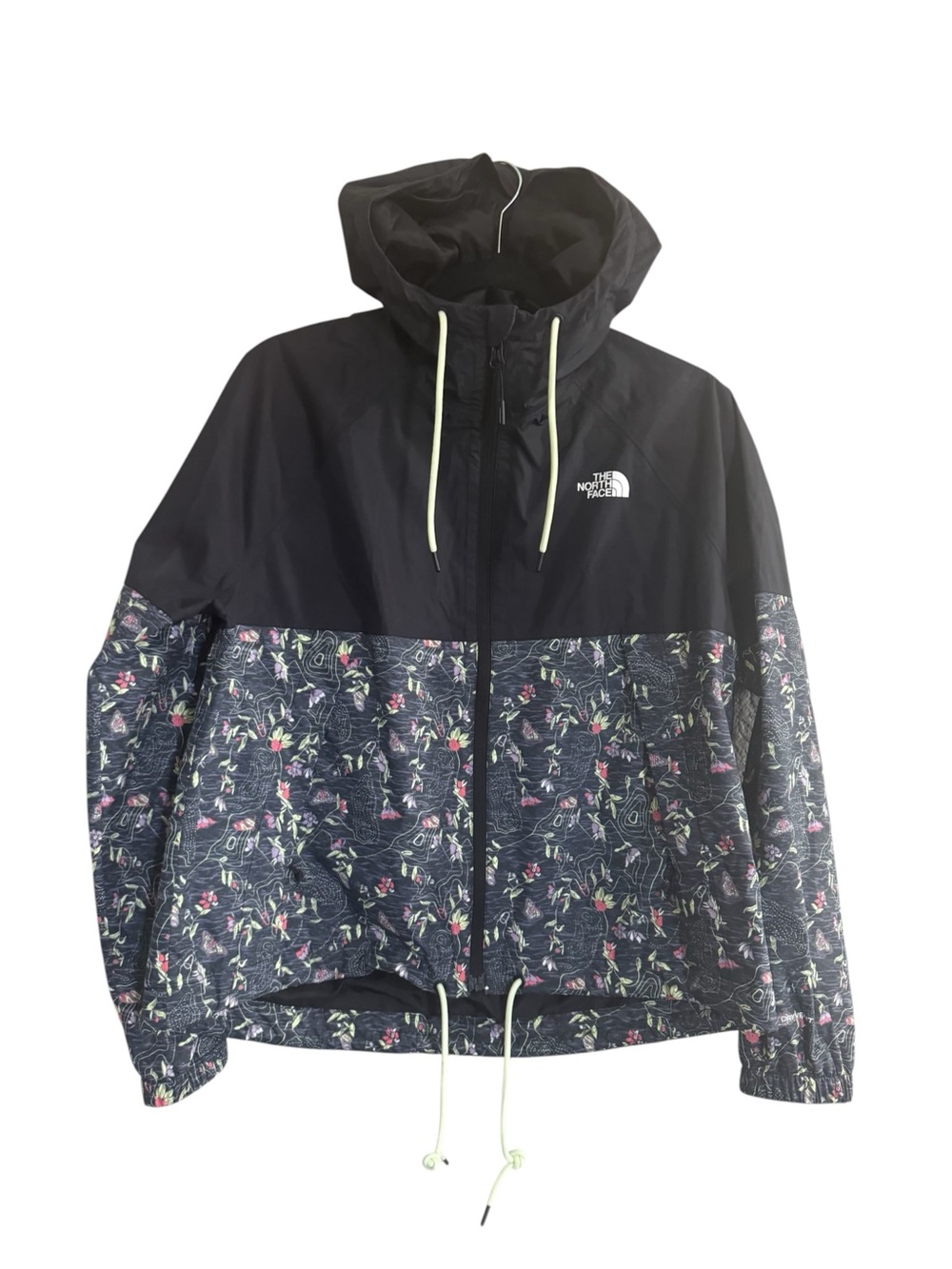 The North Face Antora Rain Hoodie Womens medium black floral zip pockets #NE352